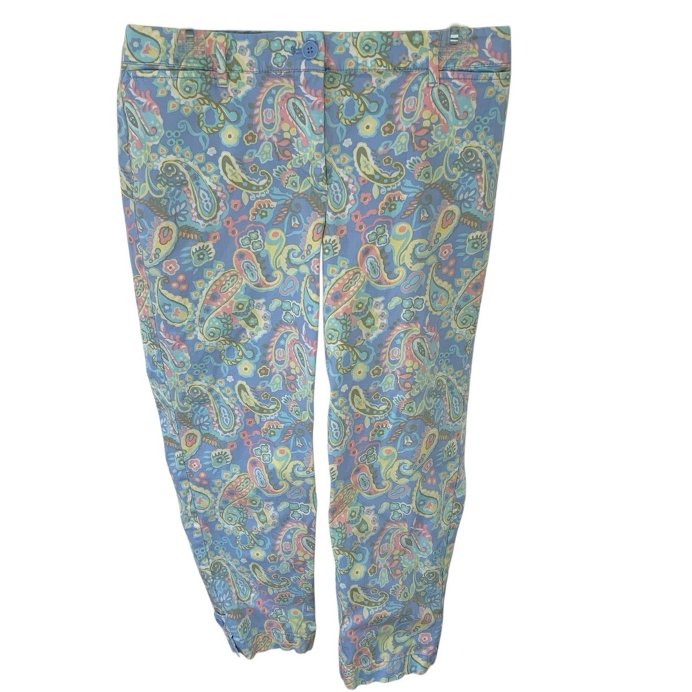 Talbots Womens Size 6 Perfect Crop Pants Blue Yellow Pink Paisley Button Accent‎